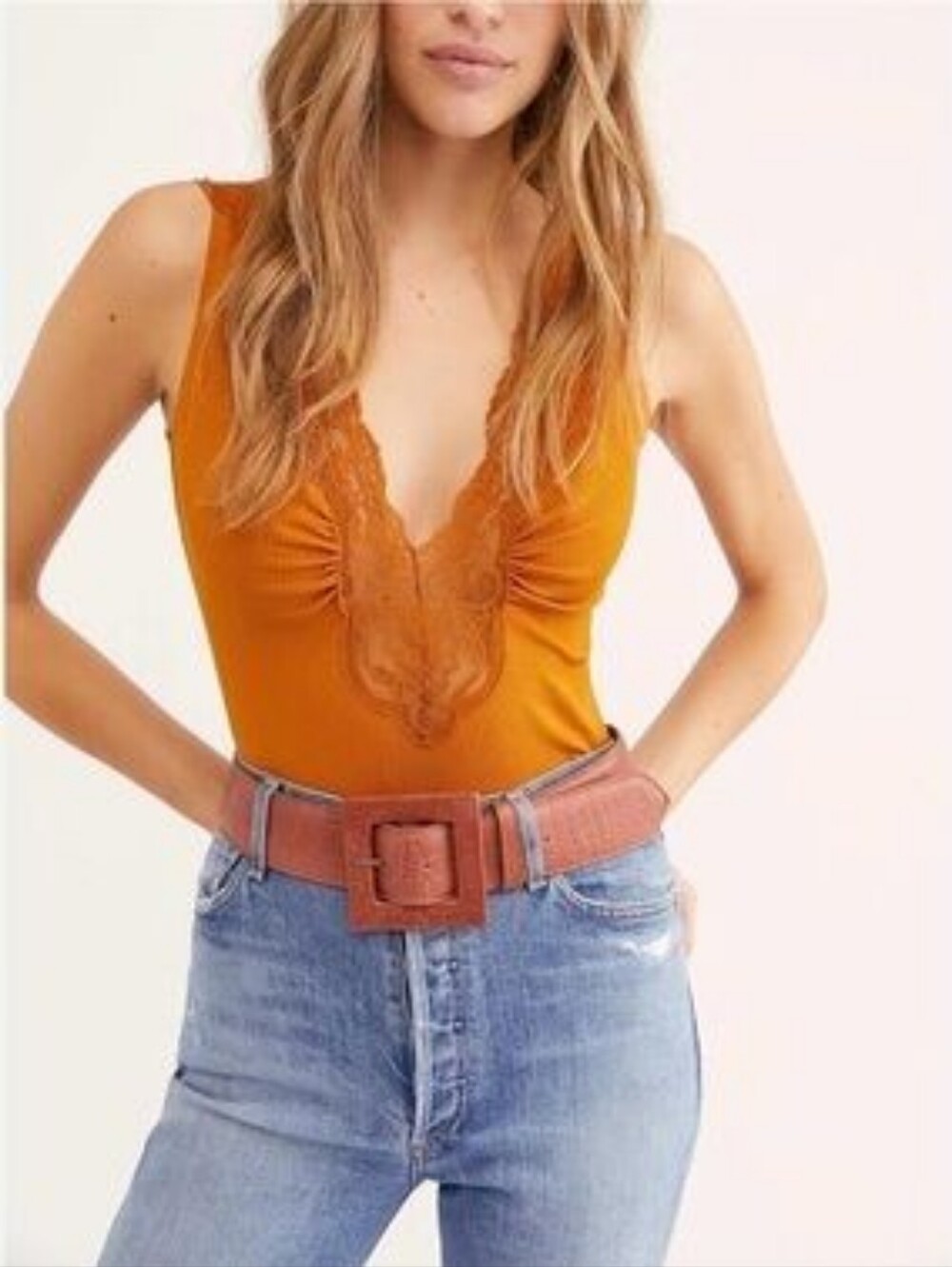 Free People First Call Lace Sleeveless Bodysuit Amber Brown M